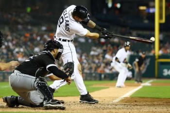 Detroit Tigers' Nicholas Castellano hits the ball during a match against the Chicago White Sox in Detroit, Michigan, U.S