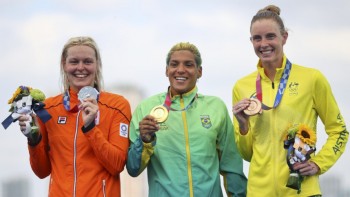 Ana Marcela Cunha of Brazil wins women's marathon swimming gold